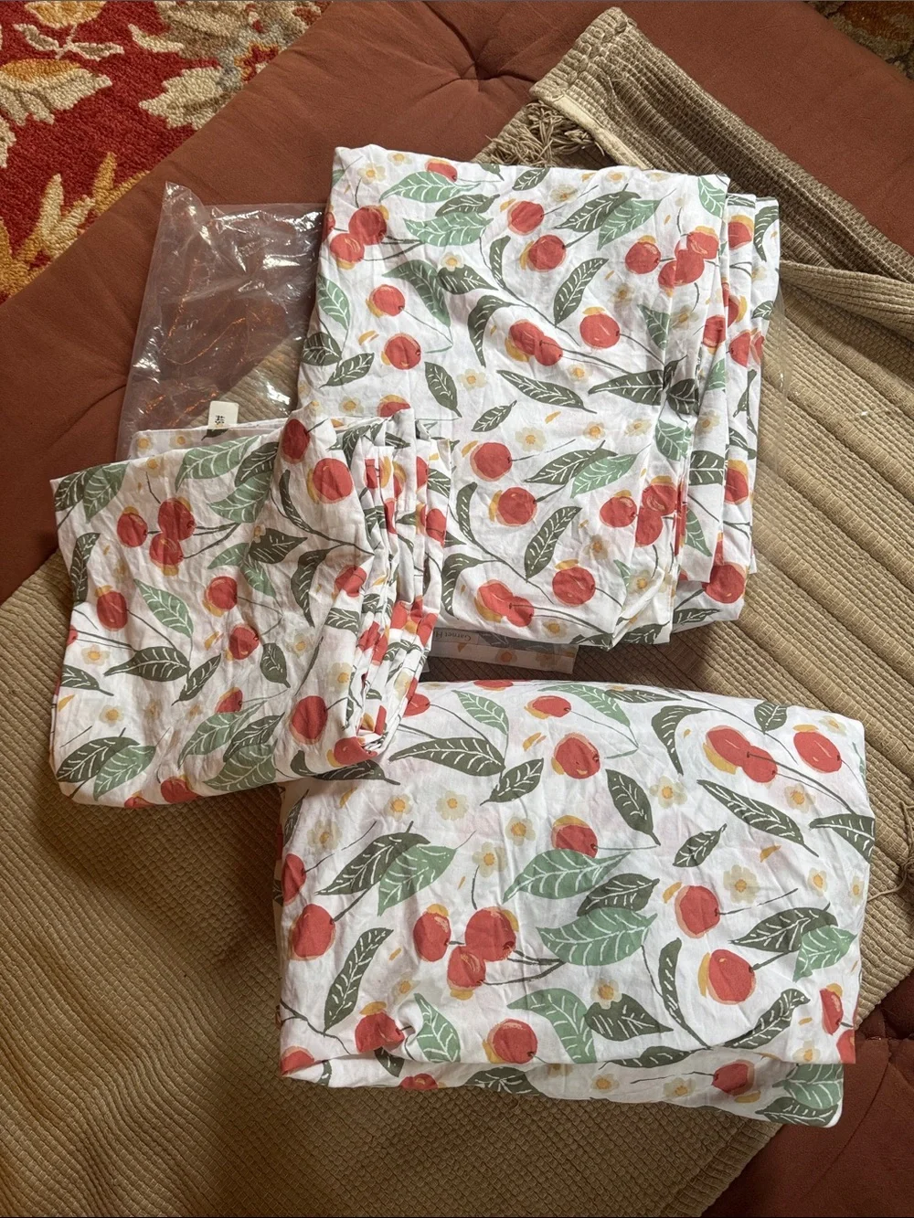 Garnet Hill organic cotton Vintage Cherries 🍒 sheet set percale KING NEW NWOT